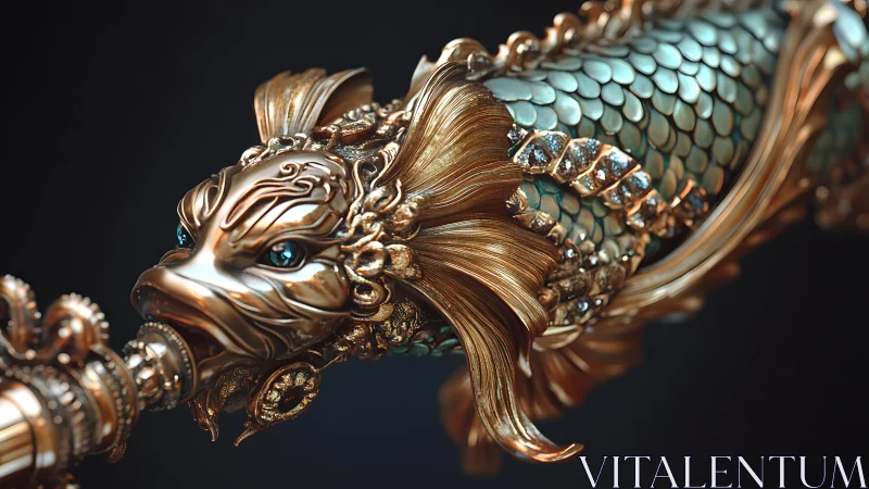 Ornate Golden Sword Hilt Shaped as Fish, Fantasy Art Style.
