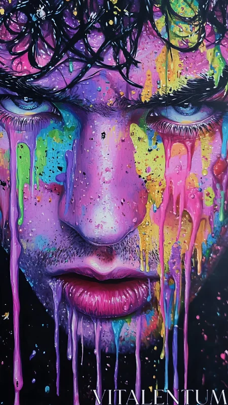 Neon painted face melts into dripping emotional color storm