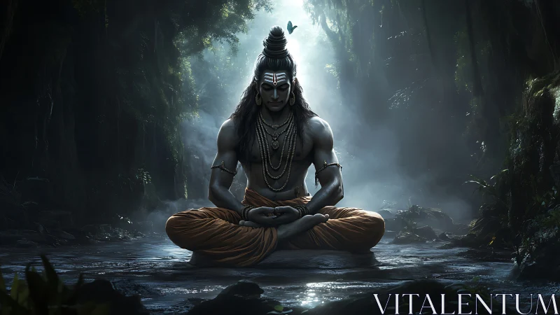 Lord Shiva in deep forest meditation with ethereal light.