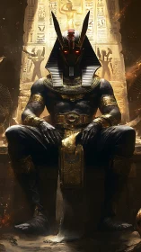 Anthropomorphic jackal pharaoh seated before lit relief wall