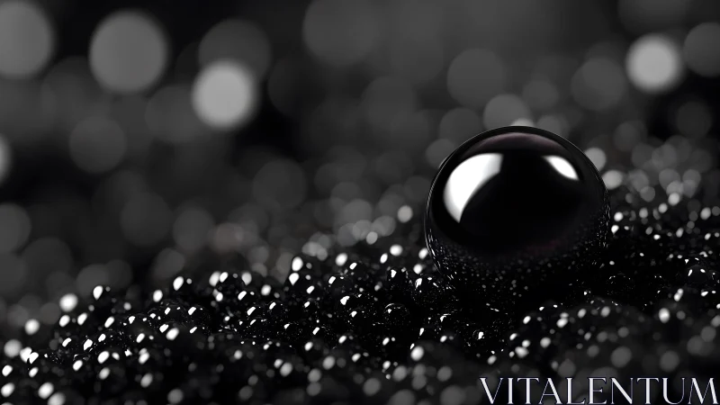 Shiny Black Sphere on Glittering Surface, Abstract Minimalist Art.