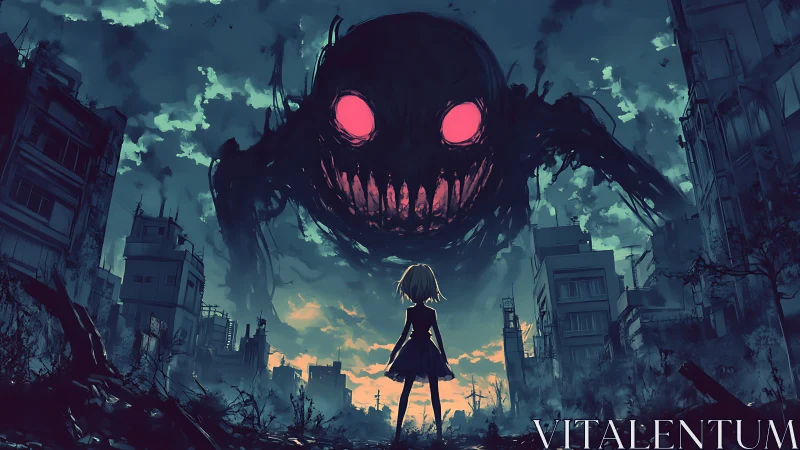 Silhouetted figure facing hovering entity in ruined cityscape.