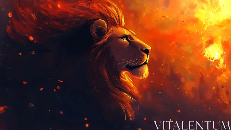 Digital side-profile lion rendered in warm, fiery tones