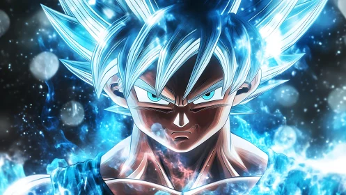 Blazing blue warrior charged with fierce cosmic focus.