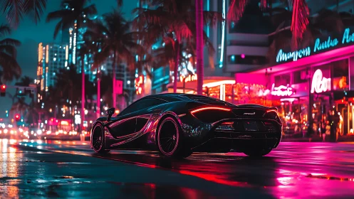 Neon-lit supercar cruises through futuristic palm-lined boulevard.