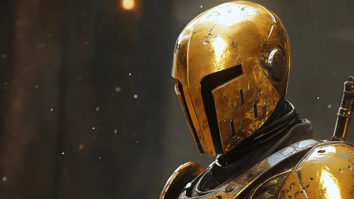 Golden armored robot stands in worn metallic helmet