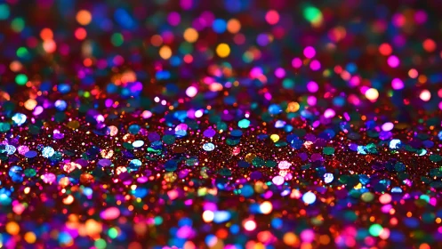 Shimmering macro confetti bokeh over sparkling red field.