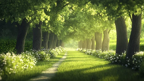 Tree-lined avenue with white flowering understory and path perspective.