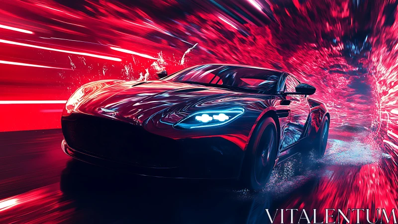 Electric supercar tears through neon tunnel at blinding speed.