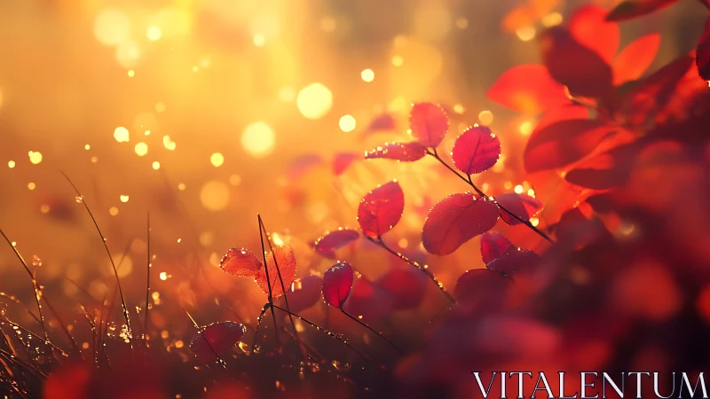 Sunlit red leaves glow against a dreamy golden bokeh background.