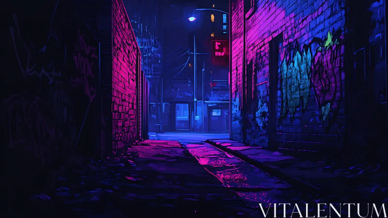 Neon-soaked alleyway hums quietly under electric midnight