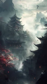 Digital painting of misty tiered mountain temples at dusk.