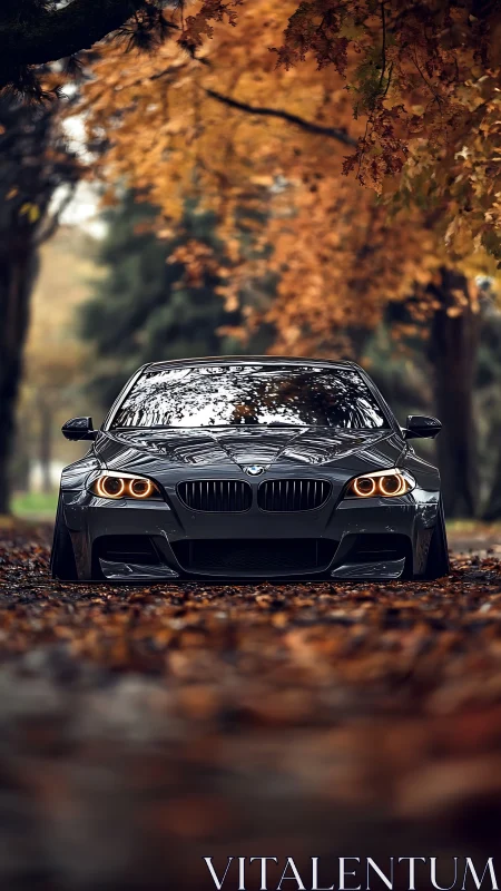 Lowered BMW sedan on leaf-covered autumn forest road