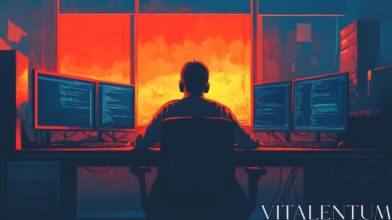 Late-night coder framed by a glowing digital sunrise.