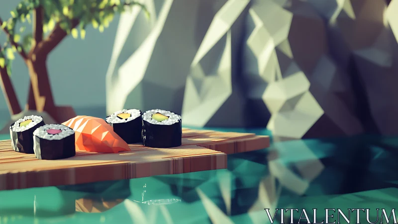 Cozy riverside sushi platter resting in tranquil low-poly light.