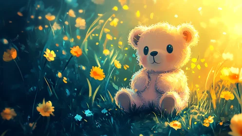 Teddy bear sitting in sunlit flower meadow at golden hour.