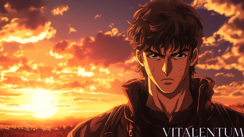 Solitary anime protagonist studies horizon under burning sunset