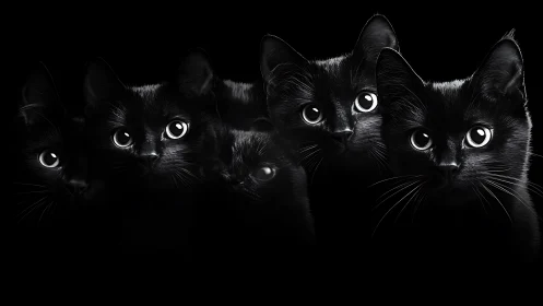 Black Cats with Luminous Eyes Against Darkness.