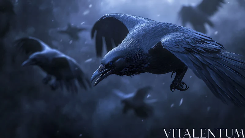 Spectral Corvid in Ethereal Storm: Atmospheric Digital Rendering.