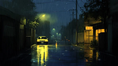 Nocturnal rain-soaked street rendered in cinematic digital painting