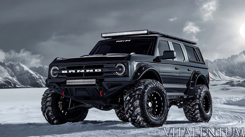 Black lifted SUV conquers icy alpine landscape in HDR rendering.