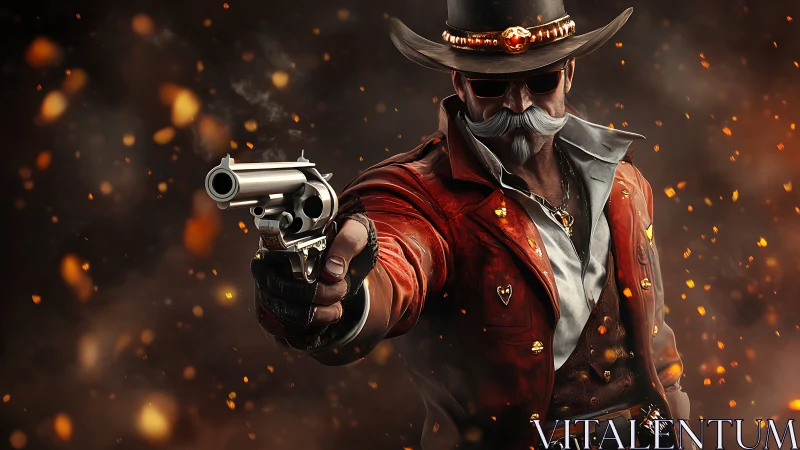 Gun-slinging outlaw aims forward amid burning embers