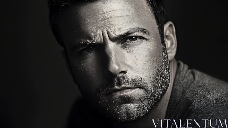 Intense monochrome close-up of a bearded male face.