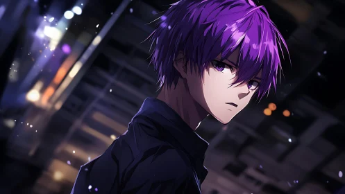 Midnight city drifts around a violet‑haired loner’s gaze.