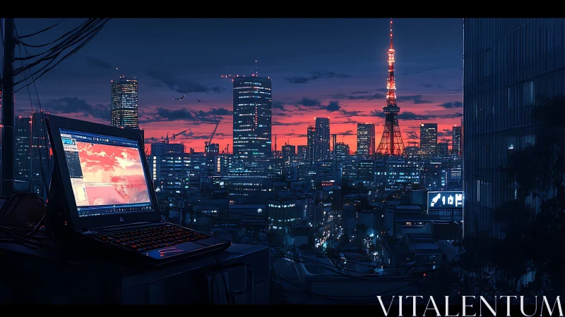 Rooftop laptop hums quietly above neon dusk city sprawl