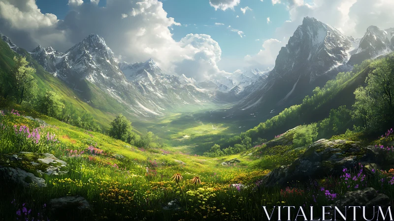 Sunlit alpine valley with wildflowers and towering peaks.