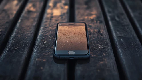 Smartphone on weathered wooden plank surface.