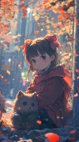Autumn street anime portrait with child and cat companion.