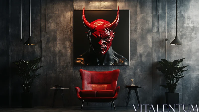 Red horned demon portrait anchoring dark modern interior.