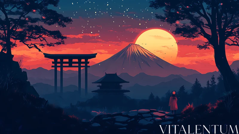 Crimson moonrise over Fuji’s quiet shrine pathway.