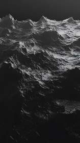 Monochrome digital seascape of dark, sculpted waves.