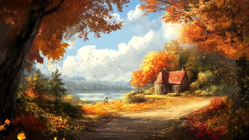 Autumn lake cabin glows under crisp clear mountain sky