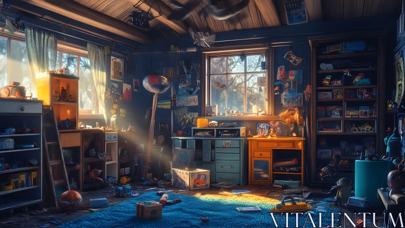 High-detail digital study of cluttered nostalgic playroom interior.