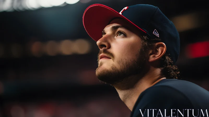 Stadium sideline portrait of focused baseball player profile.