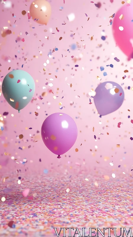 Colored balloons suspended against pink background with confetti particles.