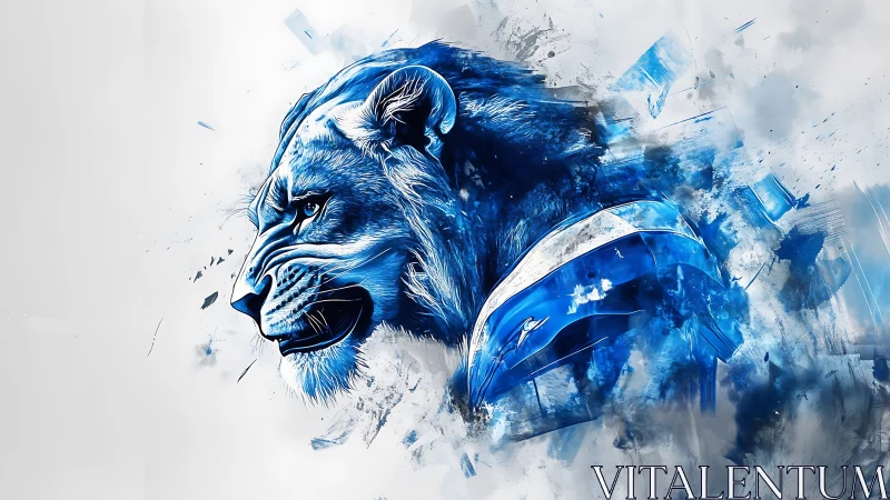 Blue lion profile rendered in dynamic digital brush strokes