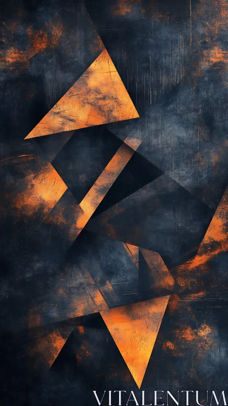 Geometric orange shards intersecting within dark textured field.