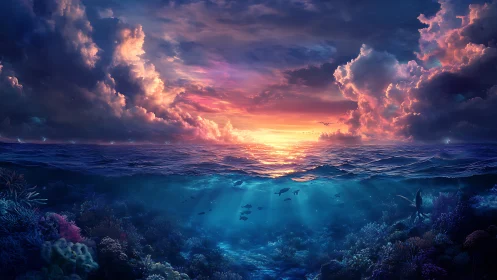 Bifurcated seascape at sunset with illuminated coral reef