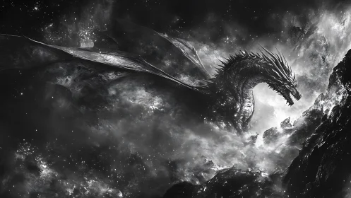 Monochrome celestial dragon emerging from cosmic mist.