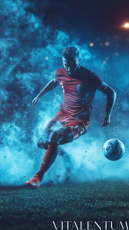 Dynamic soccer striker amid volumetric blue stadium fog.