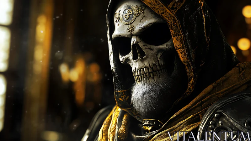 Hooded skeletal warlord portrait in golden-lit chamber.