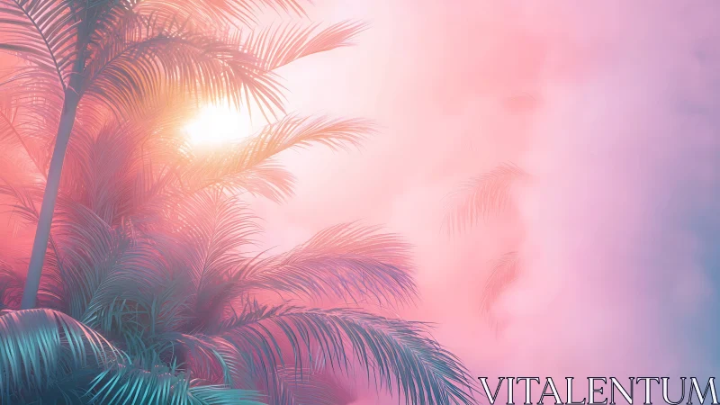 Neon tropical palms in soft pastel atmospheric sunrise glow.