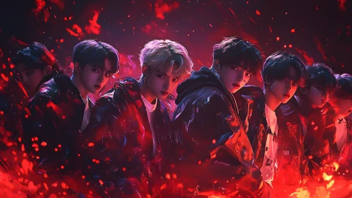 Dynamic boy group framed in vivid red cinematic glow.