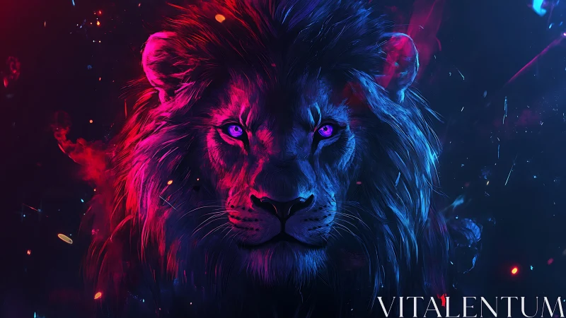 Radiant neon lion gazes boldly through glowing cosmic light