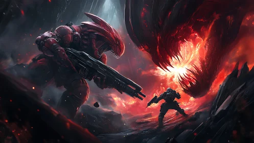 Inferno clash of alien titan and lone space soldier at dusk.