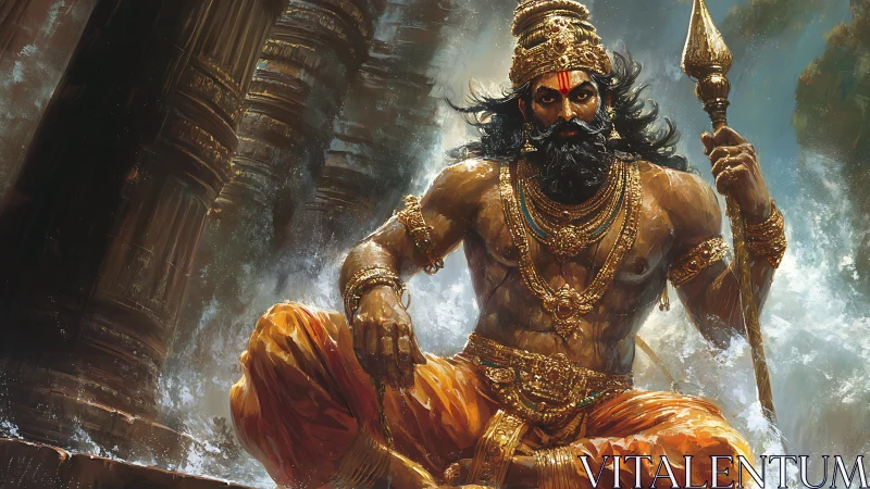 Seated warrior figure with spear amid water and pillars.